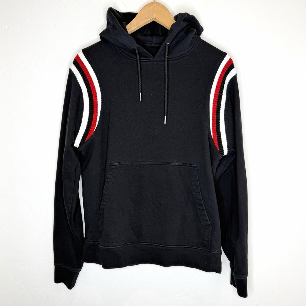 Sandro Paris Slim Fit Pullover Hoodie Men’s Small Striped Bands Black Red